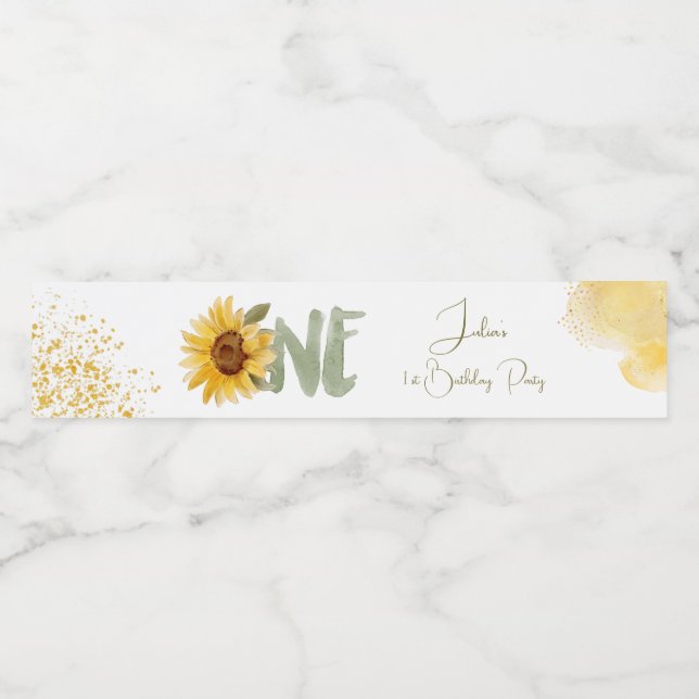 Étiquette Pour Bouteilles D'eau Tournesol d'aquarelle premier anniversaire (Étiquettes simples)