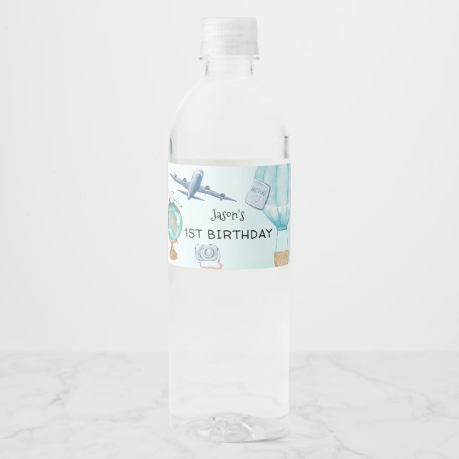 Étiquette Pour Bouteilles D'eau Travel Adventure Blue Boys 1er anniversaire (Devant)