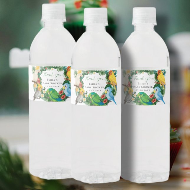 Étiquette Pour Bouteilles D'eau Tropical Exotic bébé Baby shower de perroquets sau (Créateur téléchargé)