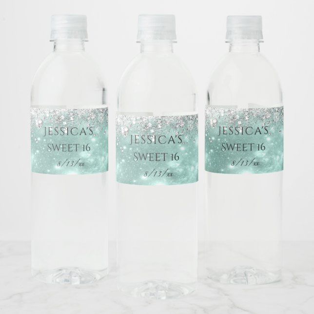 Étiquette Pour Bouteilles D'eau  Turquoise et argent paillettes scintillantes Swee (Bouteilles)