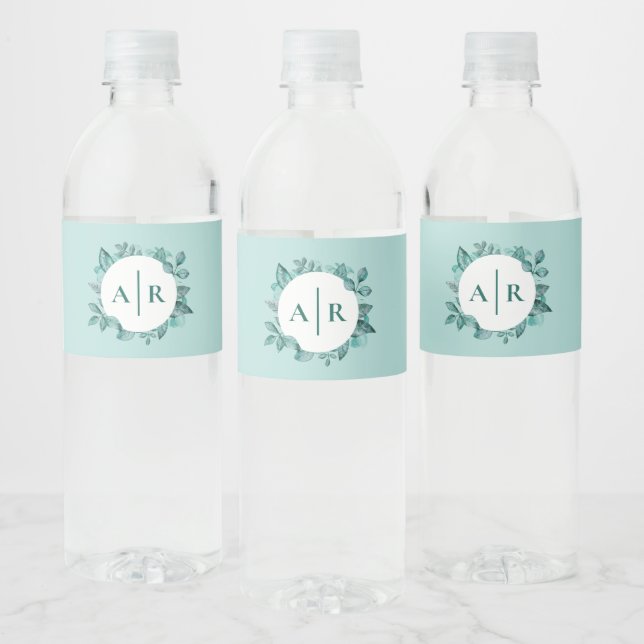 Étiquette Pour Bouteilles D'eau Turquoise Verdure Feuille Mariage Monogramme (Bouteilles)