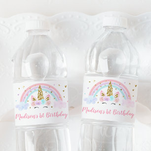 Étiquette Pour Bouteilles D'eau Unicorn Pastel Pink Gold Rainbow Anniversaire