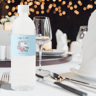 Étiquette Pour Bouteilles D'eau Unicorne blanche Fleurs roses Bleu