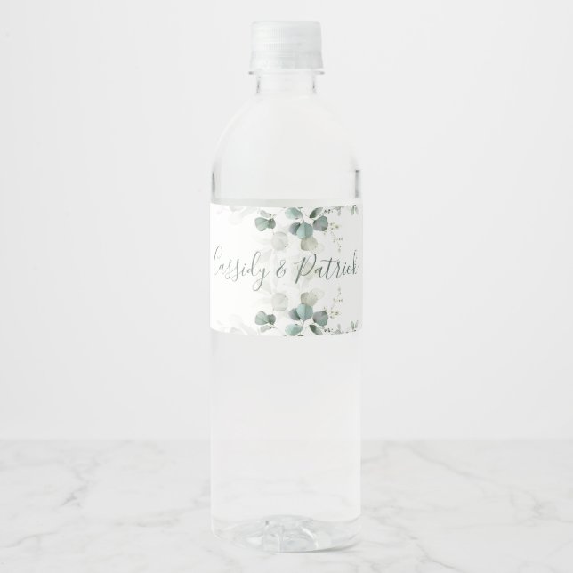 Étiquette Pour Bouteilles D'eau Verdure aquarelle, Mariage feuille eucalyptus (Devant)
