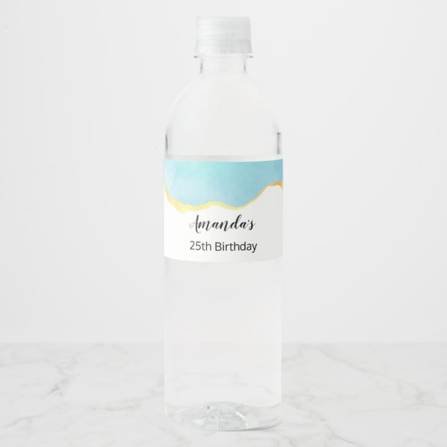 Étiquette Pour Bouteilles D'eau Vert tropical paisible avec frontière or Anniversa (Devant)