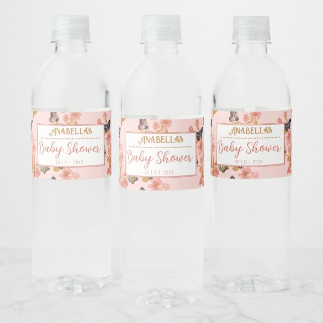 Étiquette Pour Bouteilles D'eau Whimsical rose Boho Butterfly Baby shower fille (Bouteilles)