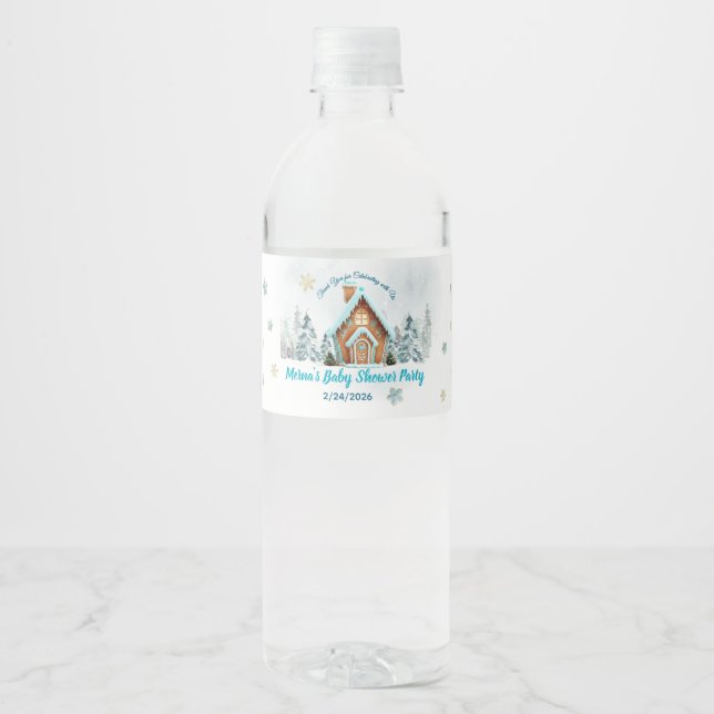 Étiquette Pour Bouteilles D'eau Winter Gingerbread House Blue Baby Shower  (Devant)