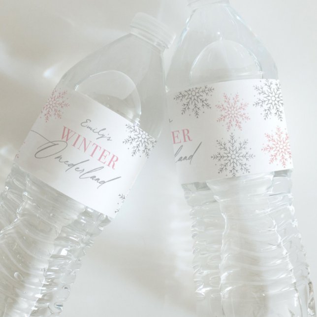 Étiquette Pour Bouteilles D'eau Winter Onederland Silver Pink Parties scintillant  (Créateur téléchargé)