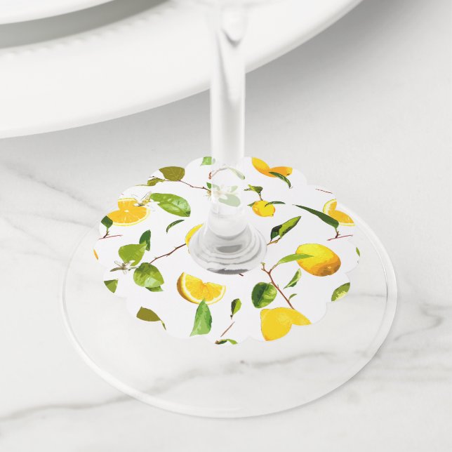 Étiquette Pour Verre De Vin Aquarelle Citron et Feuilles 16 (De près)