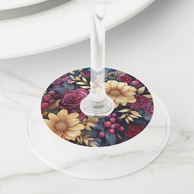 Étiquette Pour Verre De Vin Bourgogne, Or et Fleurs Navales (De près)