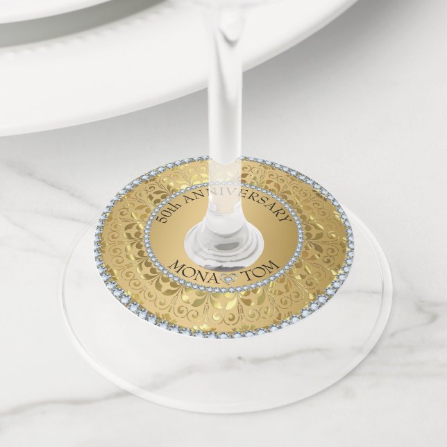 Étiquette Pour Verre De Vin Diamants Et Damas D'Or (De près)