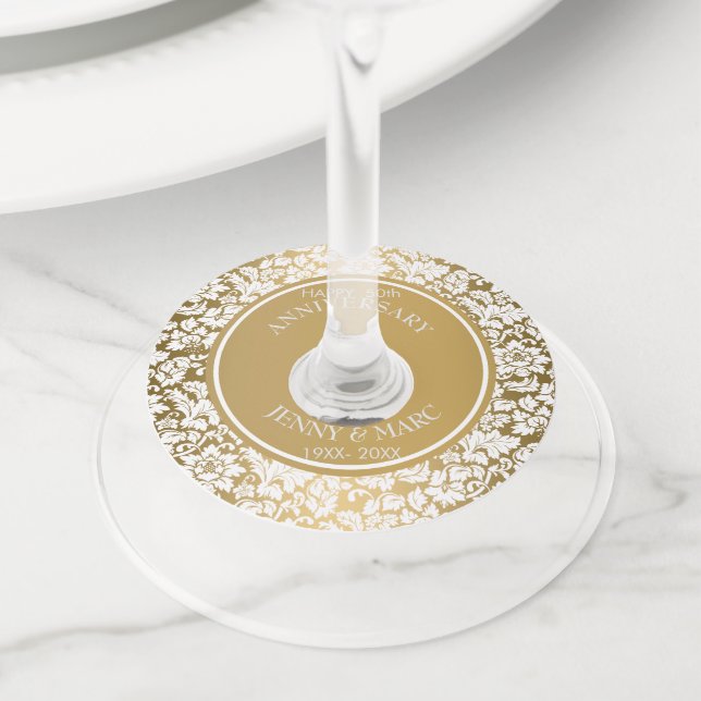 Étiquette Pour Verre De Vin Élégant Damas blanc (De près)