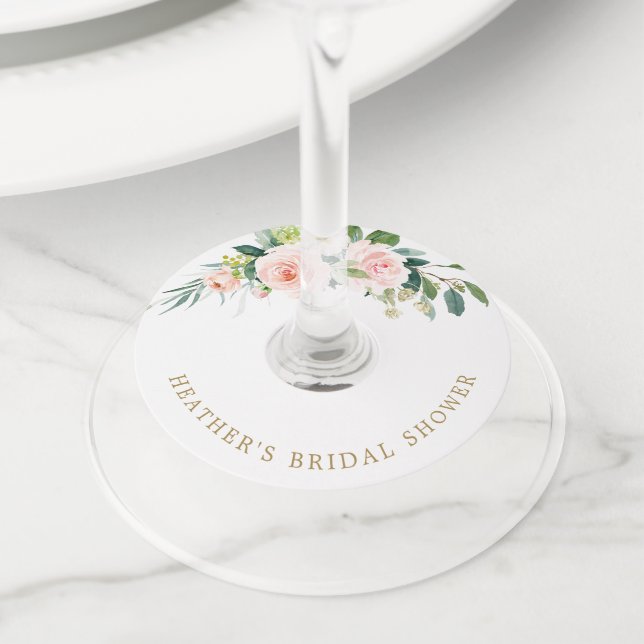 Étiquette Pour Verre De Vin Élégant Mariage Fleur Rose (De près)