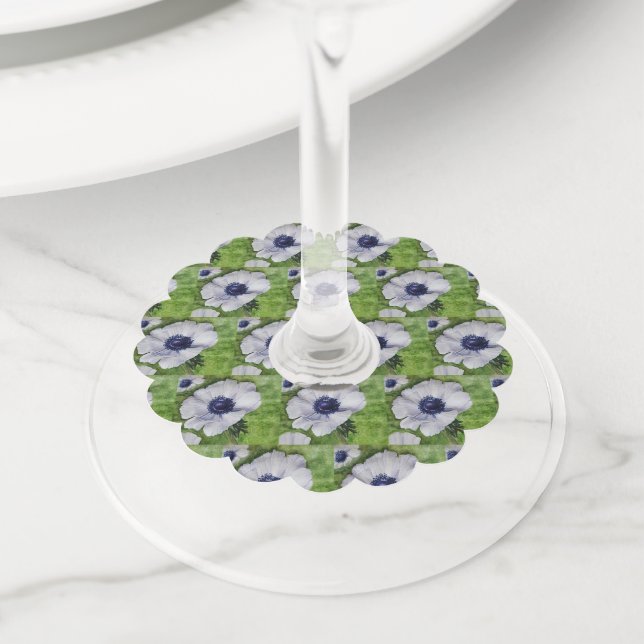Étiquette Pour Verre De Vin Fleur d'anémone florale blanche (De près)