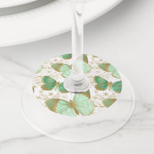 Étiquette Pour Verre De Vin Fleur de fleurs florales blanches du papillon vert