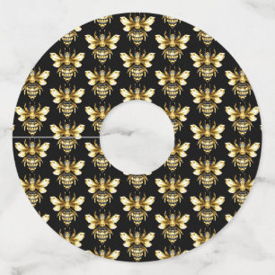 Étiquette Pour Verre De Vin Logo Faux Gold Foil Bee Polygonal sur Noir