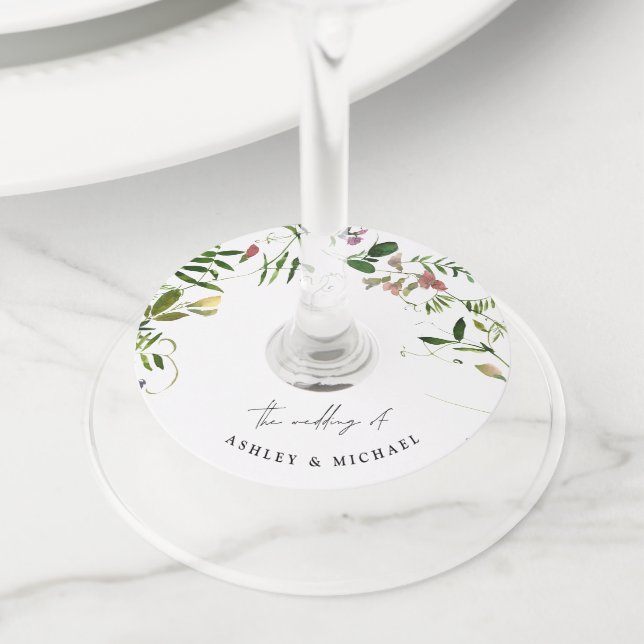 Étiquette Pour Verre De Vin Mariage de calligraphie Fleur sauvage moderne (De près)