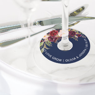 Étiquette Pour Verre De Vin Mariage Fleur Bourgogne Bleu Marine