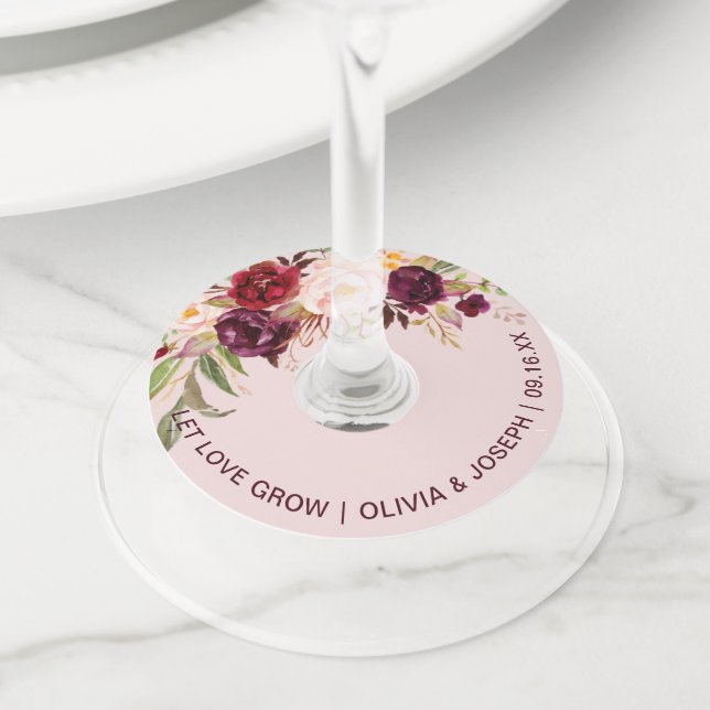 Étiquette Pour Verre De Vin Mariage Floral Bourguignon Rose (De près)