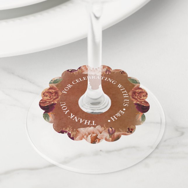 Étiquette Pour Verre De Vin Merci Mariage de Boho Floral Terracotta (De près)