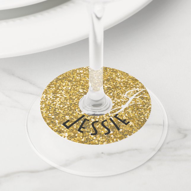 Étiquette Pour Verre De Vin monogramme parties scintillant or (De près)