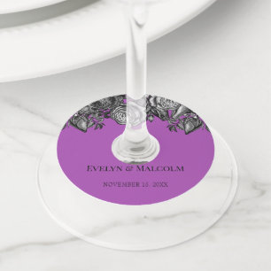 Étiquette Pour Verre De Vin Roses noires et blanches Mariage violet brillant