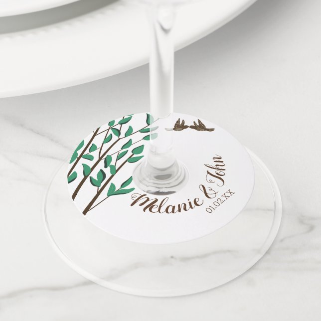Étiquette Pour Verre De Vin Rustique Romantique Oiseau vert Couples Nom (De près)