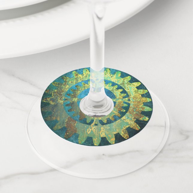 Étiquette Pour Verre De Vin Steampunk Verdigris Rousty Cogwheel (De près)
