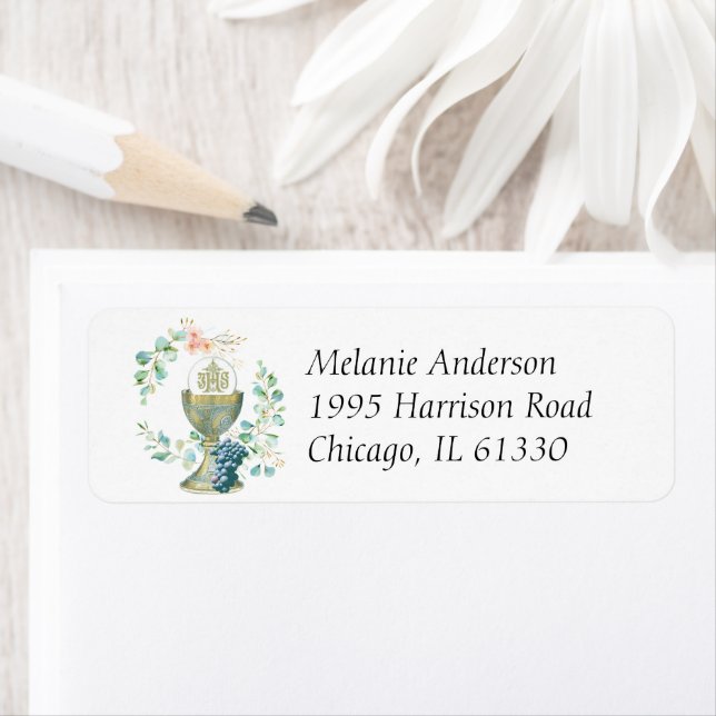 Étiquette Première Communion Catholique Eucalyptus Floral (En situation)