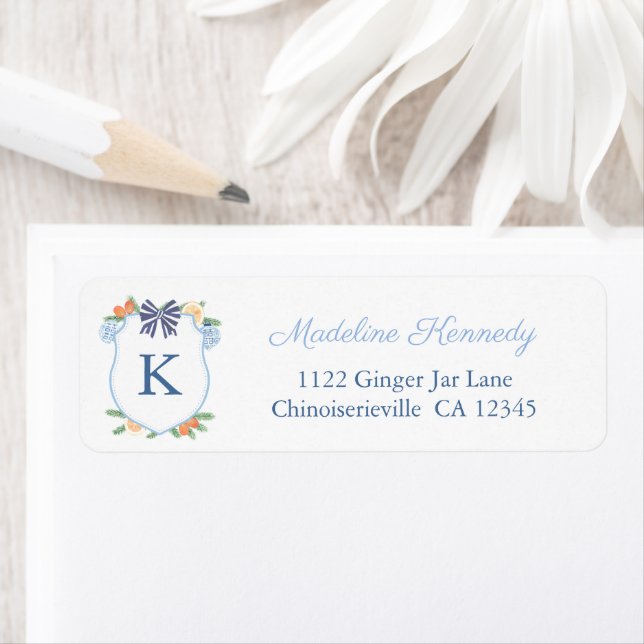 Étiquette Preppy Blue White Holidays Monogramme Adresse de r (En situation)