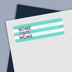 Étiquette Preppy Turquoise and White Stripes Home Sweet Home