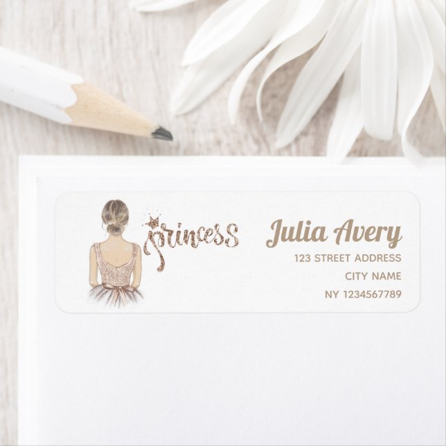 Étiquette Princesse Anniversaire parties scintillant beige (En situation)