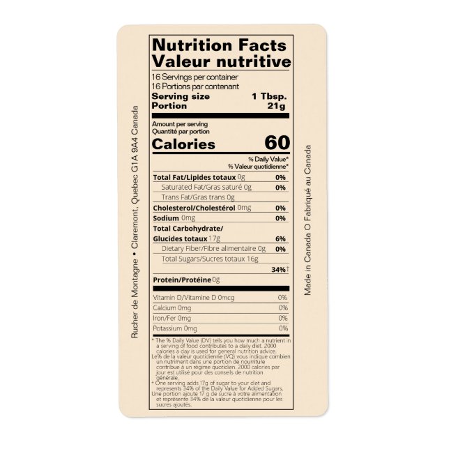 Étiquette Produit de la valeur nutritive du miel en français (Devant)