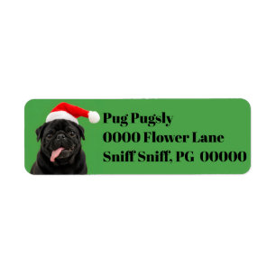 Étiquette Pug noir drôle avec chapeau de Père Noël, langue s