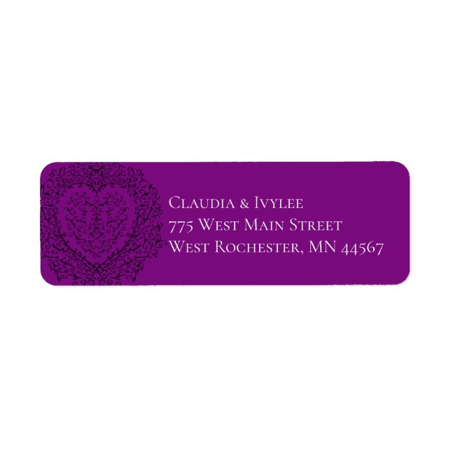 Étiquette Purple & Black Heart Mariage gothique Adresse de r (Devant)