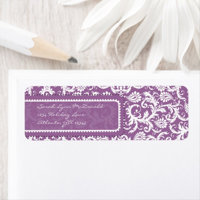 Étiquette Purple Damask sur Plum Adresse de retour (En situation)