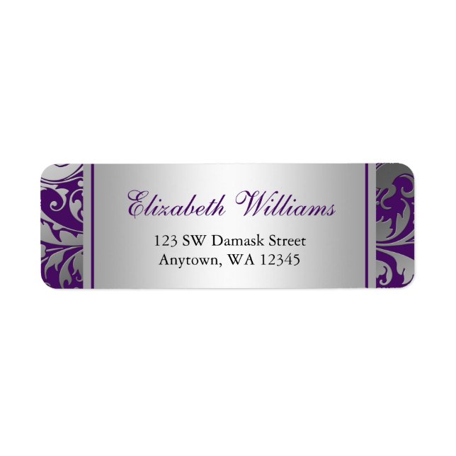 Étiquette Purple et Argent Damask Swirls Adresse de retour (Devant)