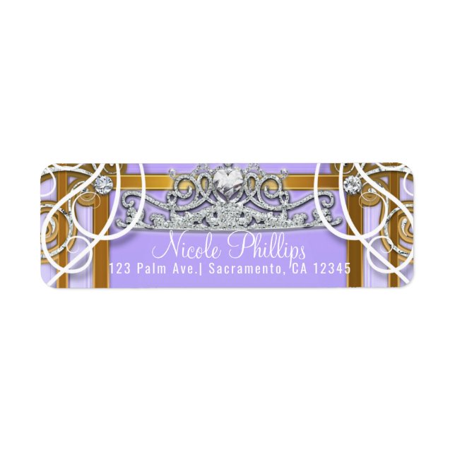 Étiquette Purple Gold Princess Crown Carriage Sweet 16 Party (Devant)