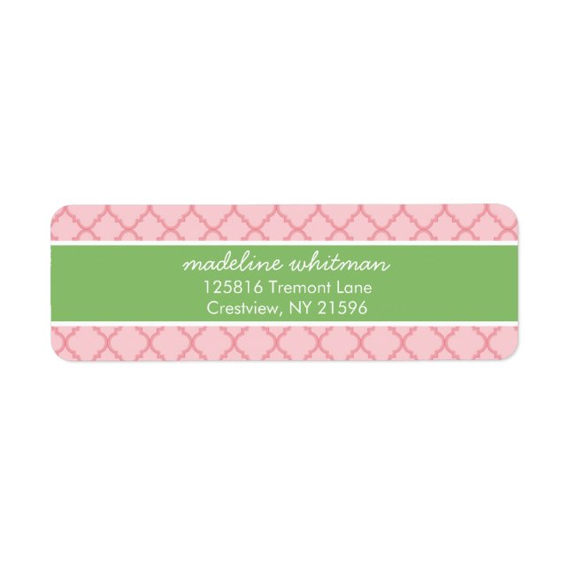 Étiquette Quatrefoil rose | Adresse Preppy rose et verte (Devant)