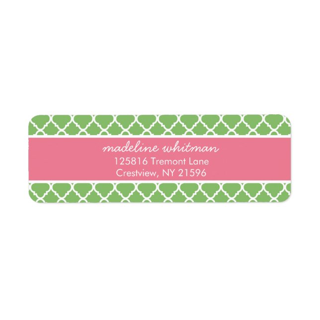 Étiquette Quatrefoil vert | Adresse Preppy rose et verte (Devant)