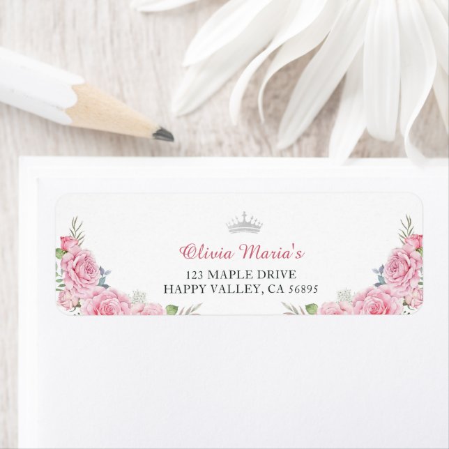 Étiquette Quinceanera Blush rose Floral Argent Couronne (En situation)