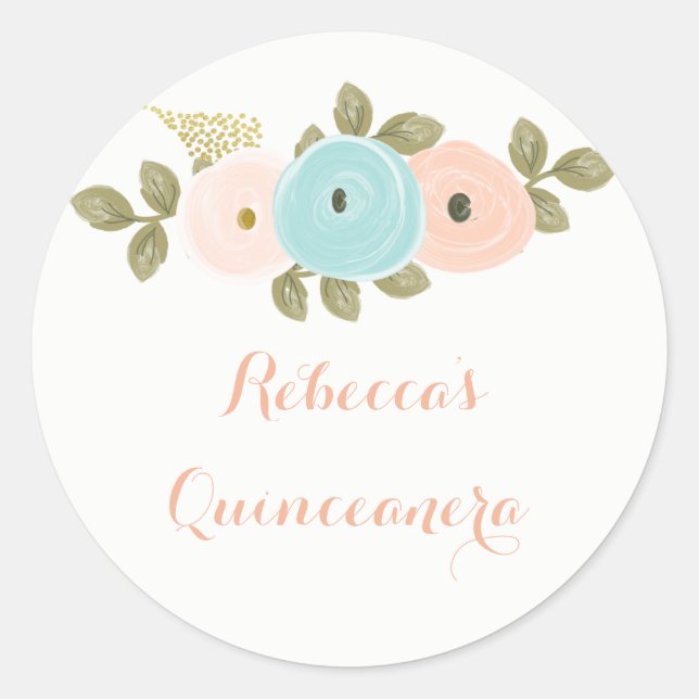 Étiquette Quinceanera d'aquarelle florale (Devant)