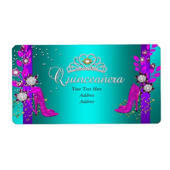 Étiquette Quinceanera d'or rose chaud turquoise (Devant)