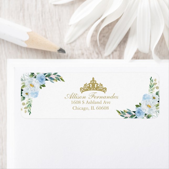 Étiquette Quinceanera Gold Tiara Baby Blue Floral (En situation)