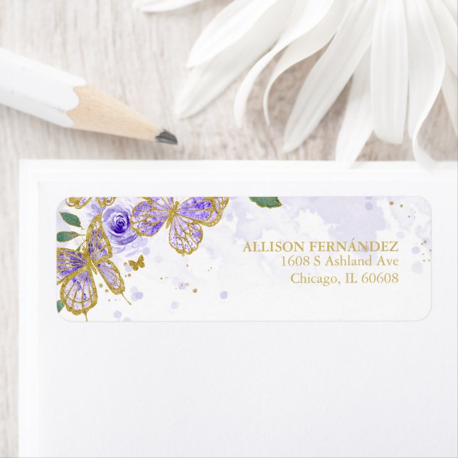 Étiquette Quinceanera Papillon pourpre Floral (En situation)