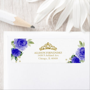 Étiquette Quinceanera Tiara Gold Royal Blue Floral