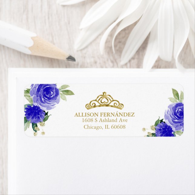Étiquette Quinceanera Tiara Gold Royal Blue Floral (En situation)