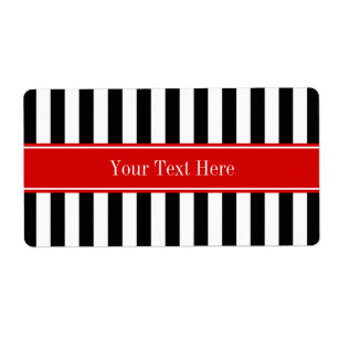 Étiquette Rayure Noir Blanc Ruban Rouge Nom Monogramme