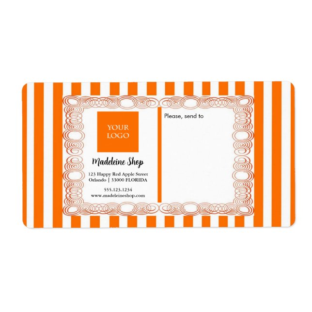 Étiquette Rayures orange & cadre bouclé & logo (Devant)