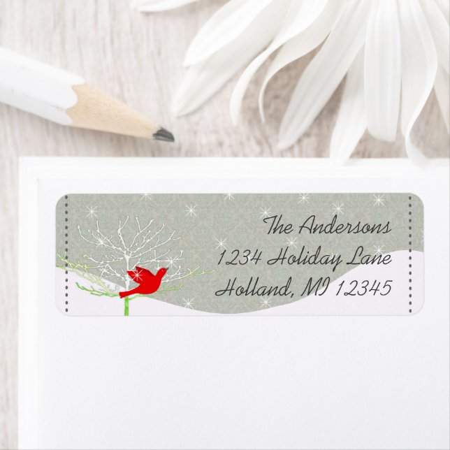 Étiquette Red Bird Snow Stars Grey Damask Adresse de retour (En situation)